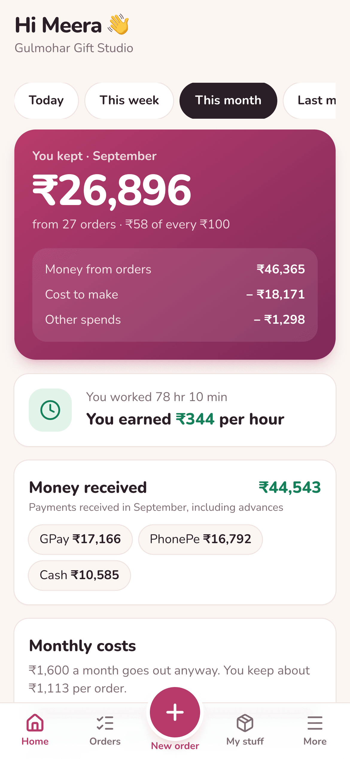 The Kipsy home screen showing what you kept this month and what you earned per hour