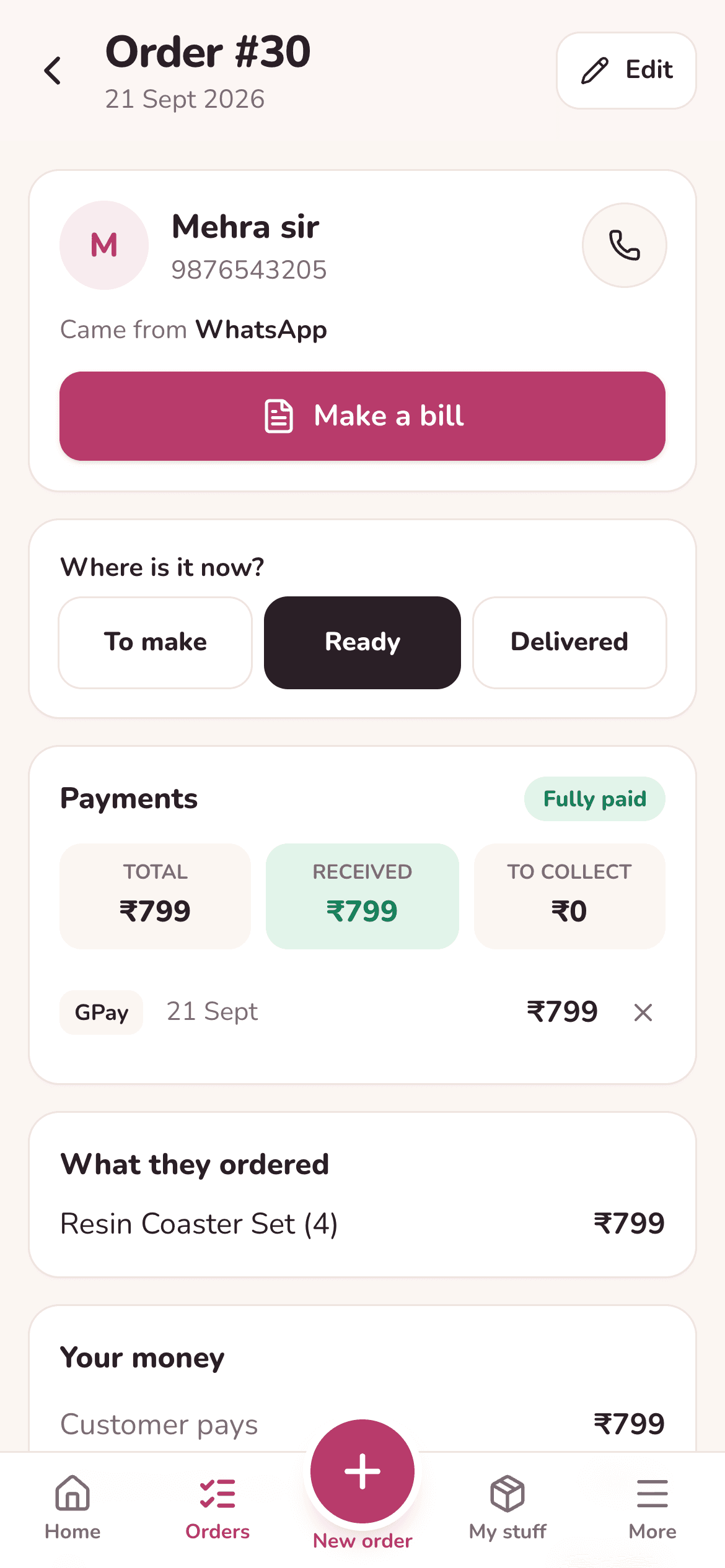 An order with what it cost and what was kept