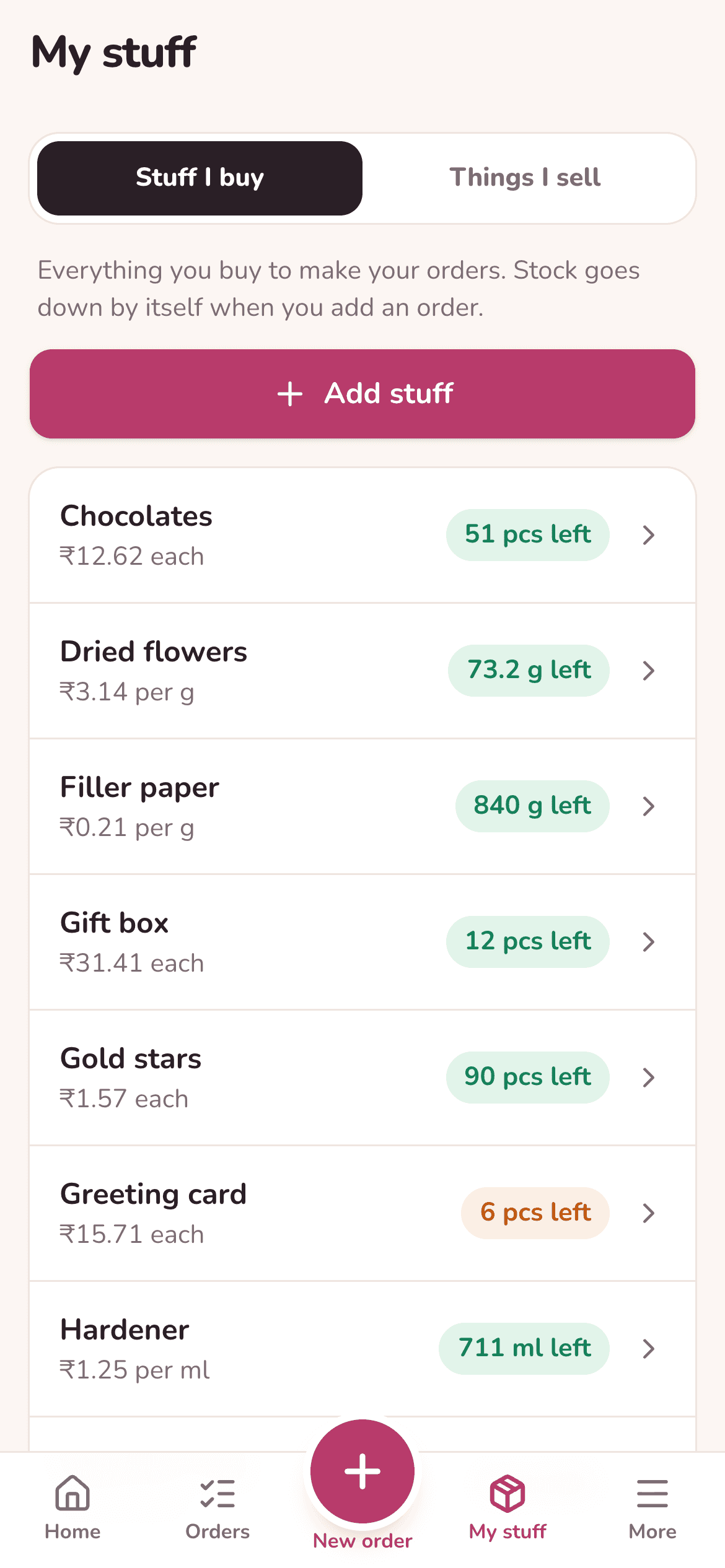 The stuff screen with ingredients and their costs